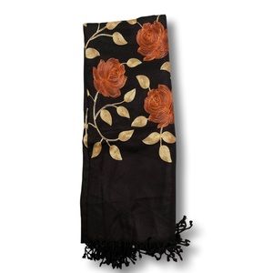 Black Pashmina scarf, hand sewn, beautiful flower design